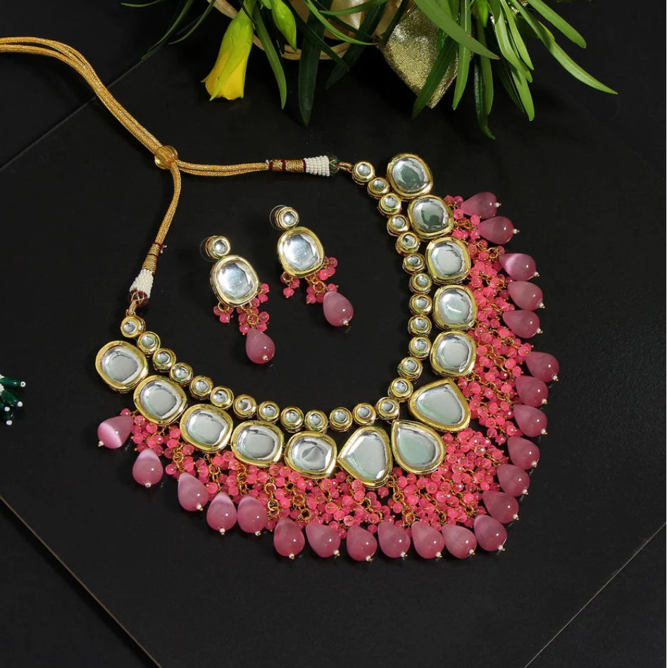 Pink Stone And Kundan Jewellery Necklace Set In Mix Metal - Image 2