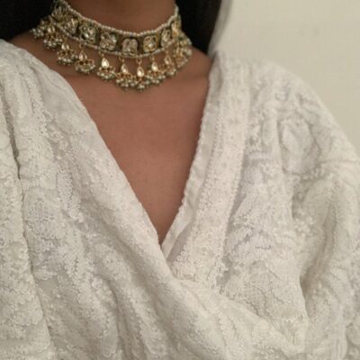 Green Stone And Kundan Jewellery Necklace Set In Mix Metal