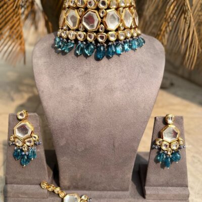 Blue Stone And Kundan Jewellery Necklace Set In Mix Metal