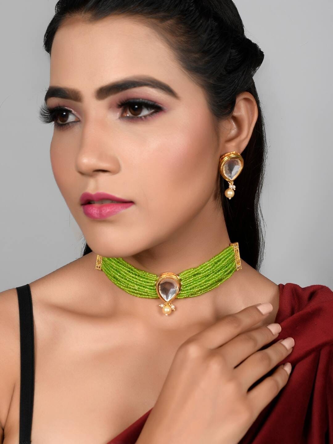 Gold-Plated Green White Polki Stone Beaded Jewellery - Image 2