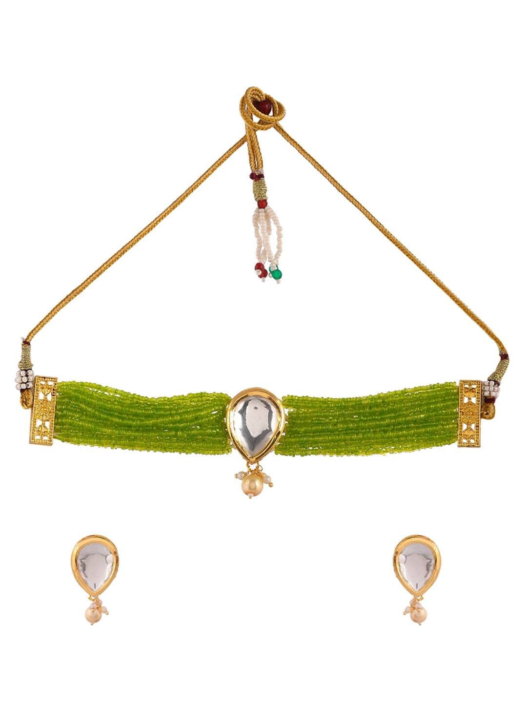 Gold-Plated Green White Polki Stone Beaded Jewellery - Image 3