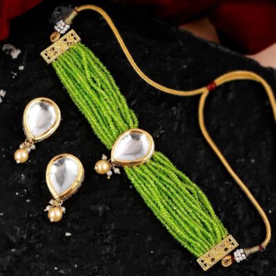Gold-Plated Green White Polki Stone Beaded Jewellery