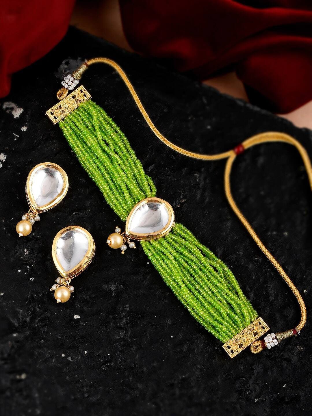Gold-Plated Green White Polki Stone Beaded Jewellery