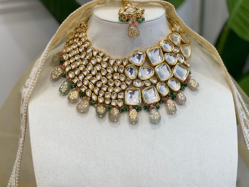 Heavy Meenakari Jadau Kundan Handmade Kundan Bridal Choker set - Image 7