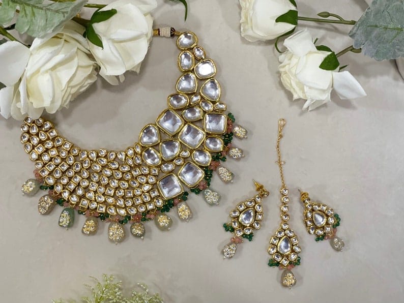 Heavy Meenakari Jadau Kundan Handmade Kundan Bridal Choker set - Image 3