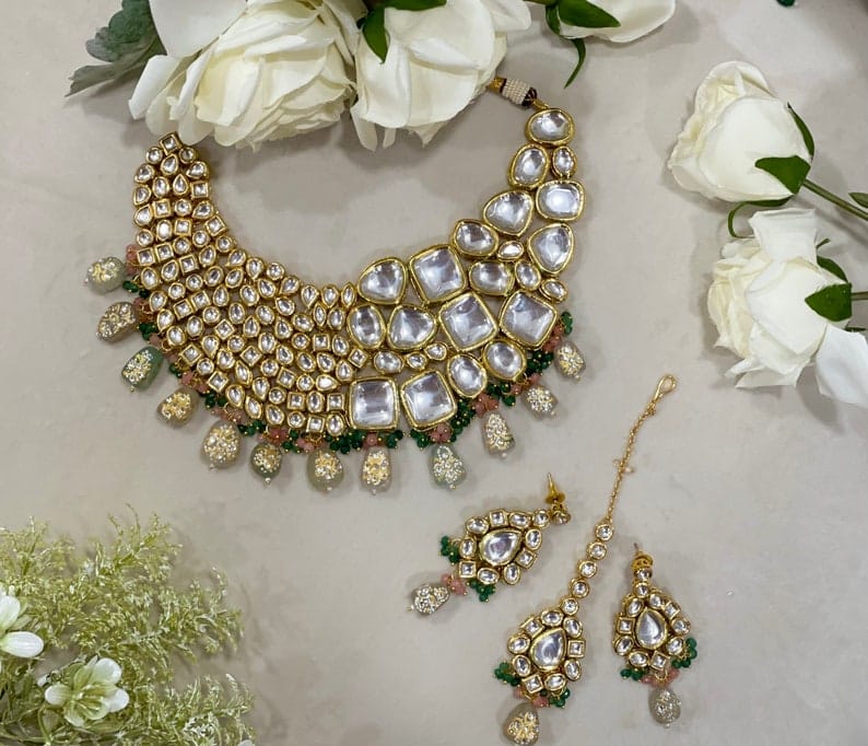 Heavy Meenakari Jadau Kundan Handmade Kundan Bridal Choker set - Image 5