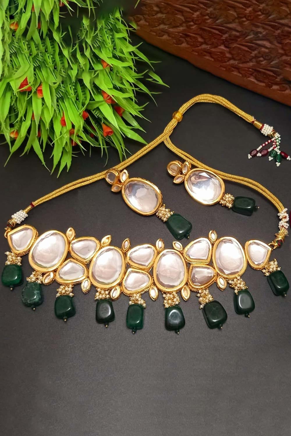 Gold Tone Kundan Necklace & Earrings