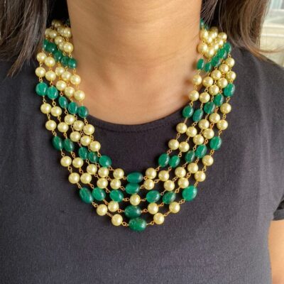 Empress Green Stone With White Pearl Necklace Set