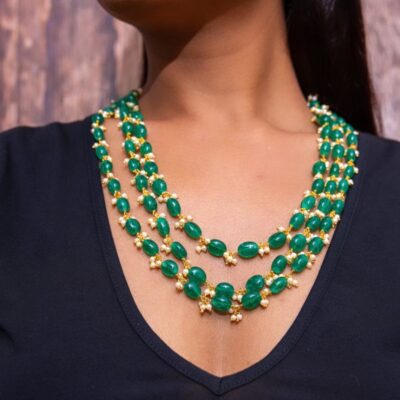 Empress Green Stone With White Pearl Necklace Set