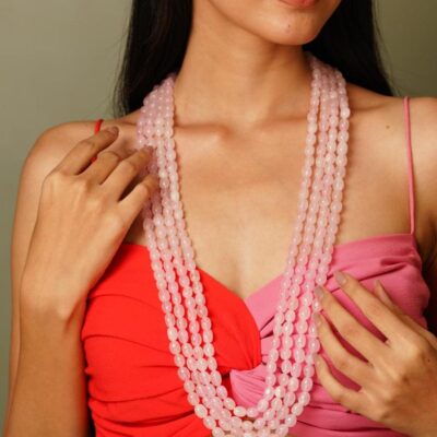 Long Pink Stone Necklace Set