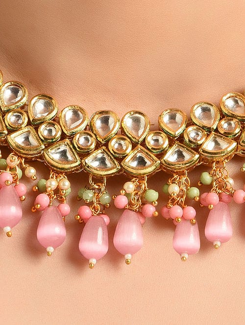 Gold Plated Kundan Polki Choker Necklace Set - Image 3