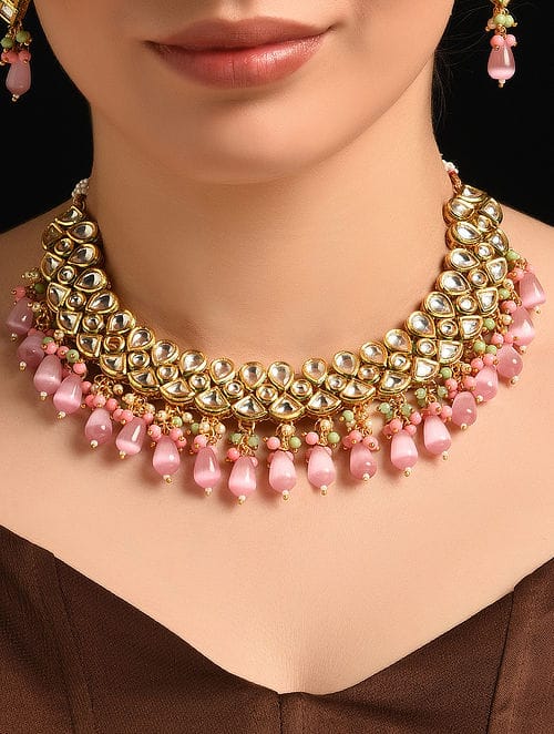Gold Plated Kundan Polki Choker Necklace Set - Image 2