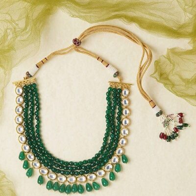 Gold Finish Kundan & Green Stone Necklace Set
