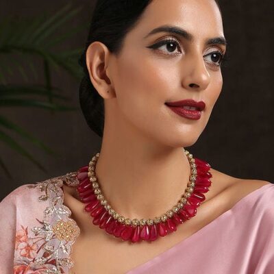 Red Necklace With Embossed Gold Beads And Dangling Red Stones