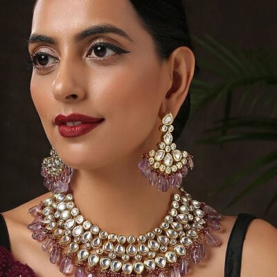 Gold Finish Kundan Choker Necklace Set