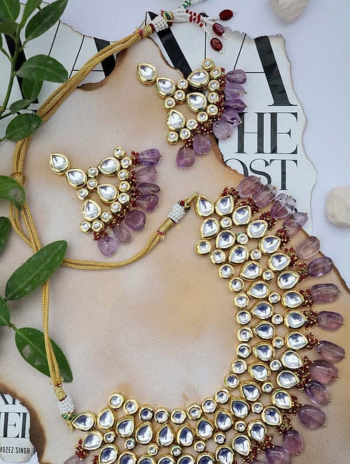 Gold Finish Kundan Choker Necklace Set - Image 2