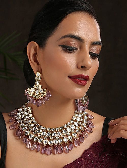 Gold Finish Kundan Choker Necklace Set - Image 6