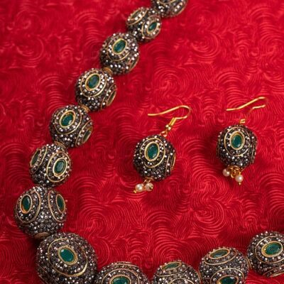 Gold Finish Green & Black Stone Mala Set