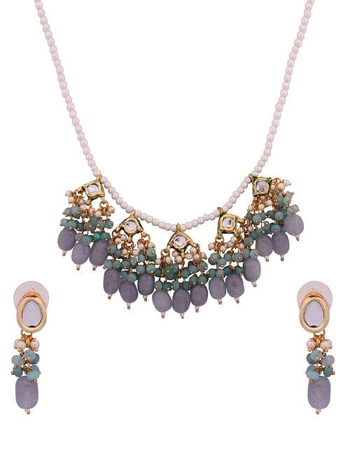 Gold Grey Ethnic Artificial Stones Statement Necklace With Earrings - Image 3