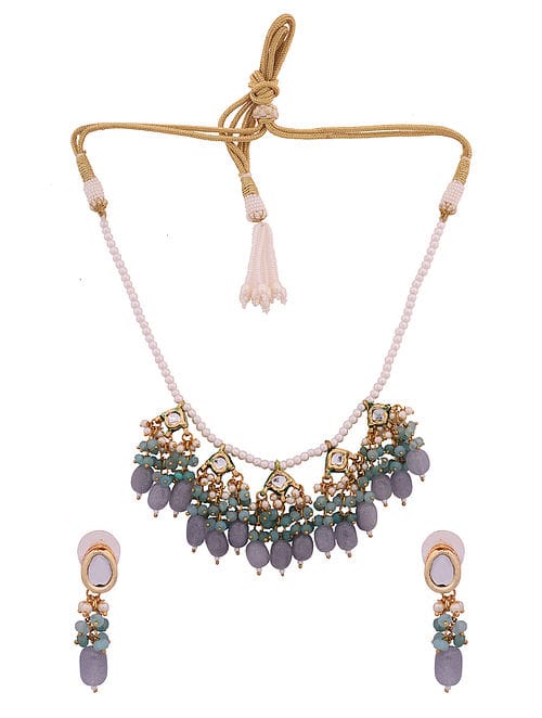 Gold Grey Ethnic Artificial Stones Statement Necklace With Earrings - Image 2