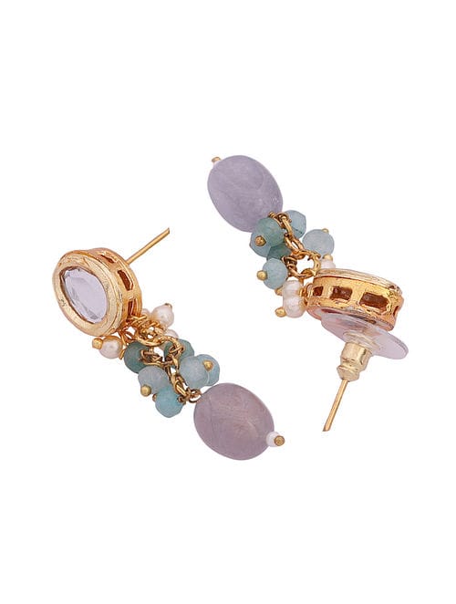 Gold Grey Ethnic Artificial Stones Statement Necklace With Earrings - Image 4