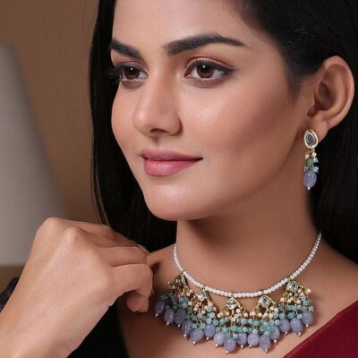 Gold Grey Ethnic Artificial Stones Statement Necklace With Earrings