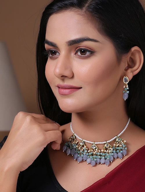 Gold Grey Ethnic Artificial Stones Statement Necklace With Earrings