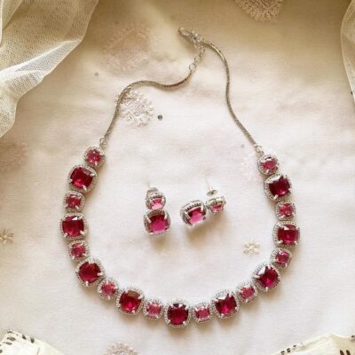 White Finish Ruby Red Necklace Set