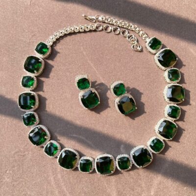 White Finish Emerald Necklace Set