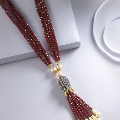 Maroon & Off-White Gold-Plated Stone Studded & Beaded Tasselled Necklace