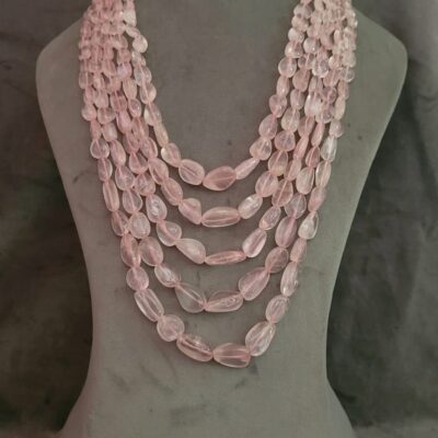 5 Line Natural Rose Quartz Smooth Fine Quality Beads Necklace