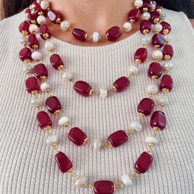 Gold Plated Pearl & Precious Carved Red Beaded Necklace