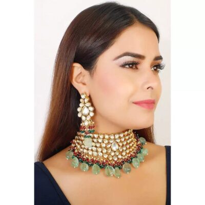 Gold Plated Kundan Necklace Set With Earrings