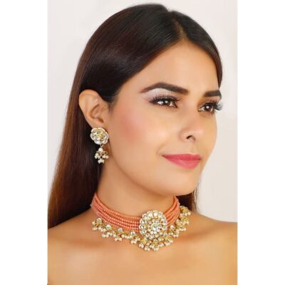 Gold Plated Kundan Necklace Set With Earrings
