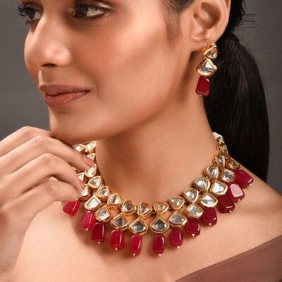 Gold Plated & Red Kundan Studded Jewellery Set