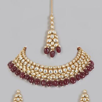Gold Plated Kundan Polki & Agate Beads Necklace Set