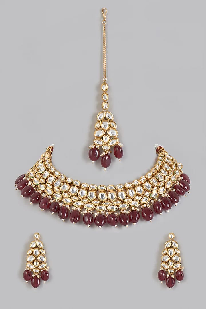 Gold Plated Kundan Polki & Agate Beads Necklace Set