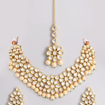 Gold Plated Kundan Polki & Pearls Bridal Necklace Set