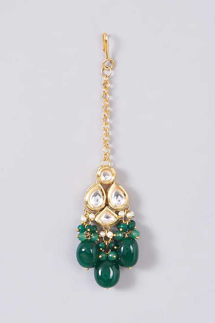 Gold Plated Kundan Studded & Beads Beaded Necklace With Earrings & Matha Patti - Image 4