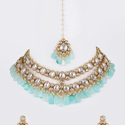 Gold Finish Kundan Polki Necklace Set
