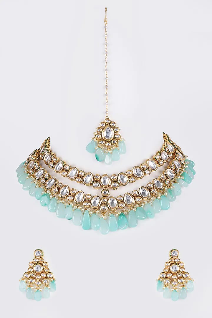 Gold Finish Kundan Polki Necklace Set