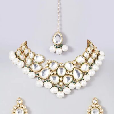 Gold Finish Kundan Polki & Pearl Necklace Set