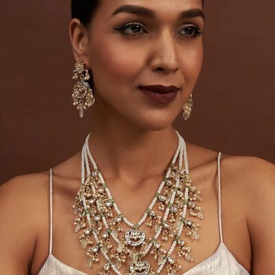 Gold Finish Kundan Polki & Pearl Long Necklace Set