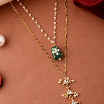 Gold Platead Green Tanjore Kundan Stone Necklace