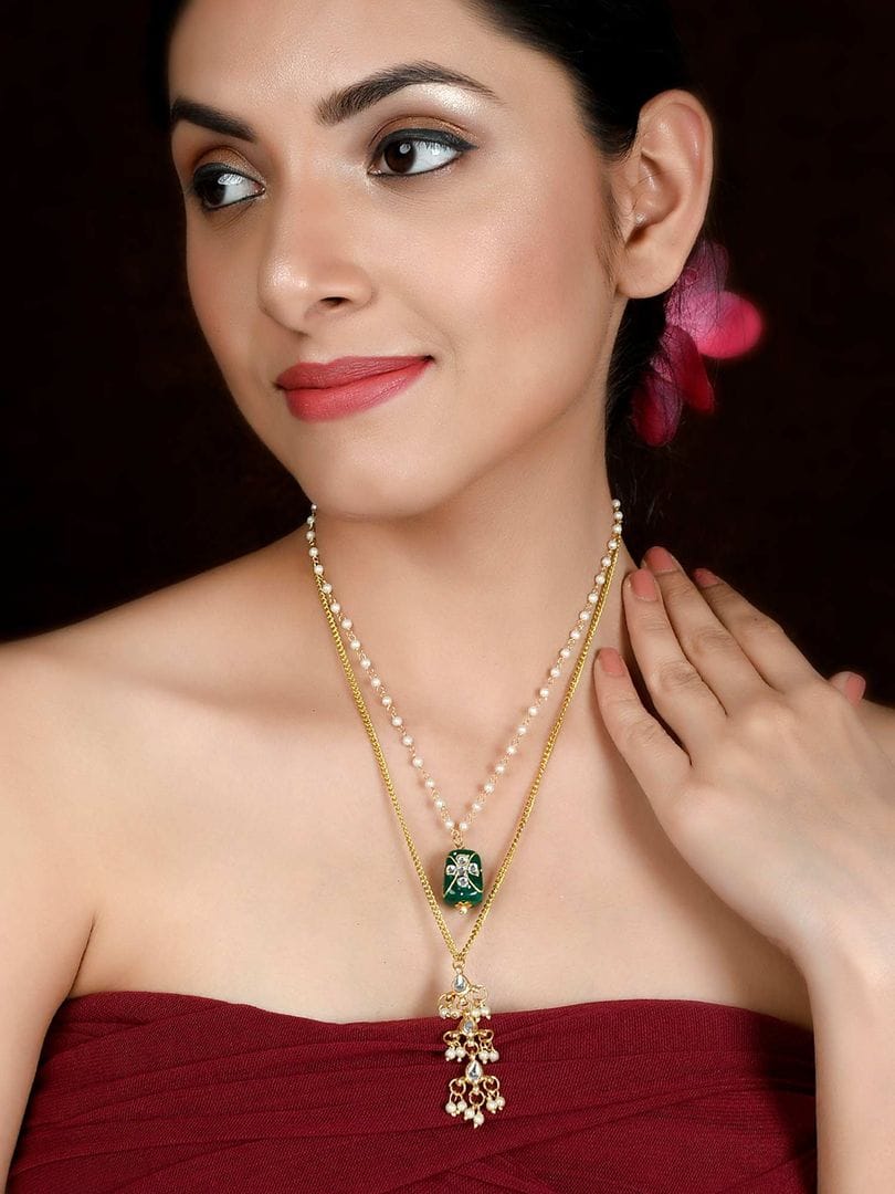Gold Platead Green Tanjore Kundan Stone Necklace - Image 2