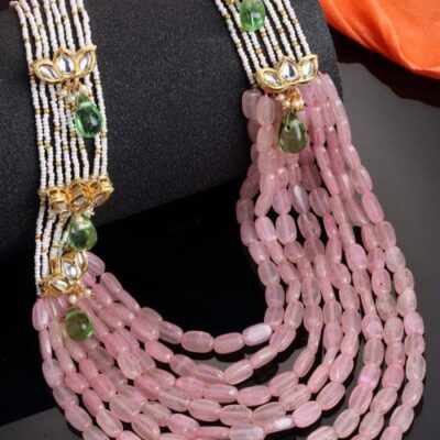 Pink & Green Layered Necklace with Kundan & Pearls