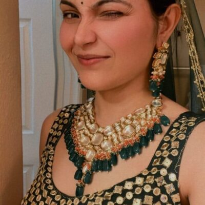 Gold Plated Stone Studded & Beaded Choker Necklace & Earring