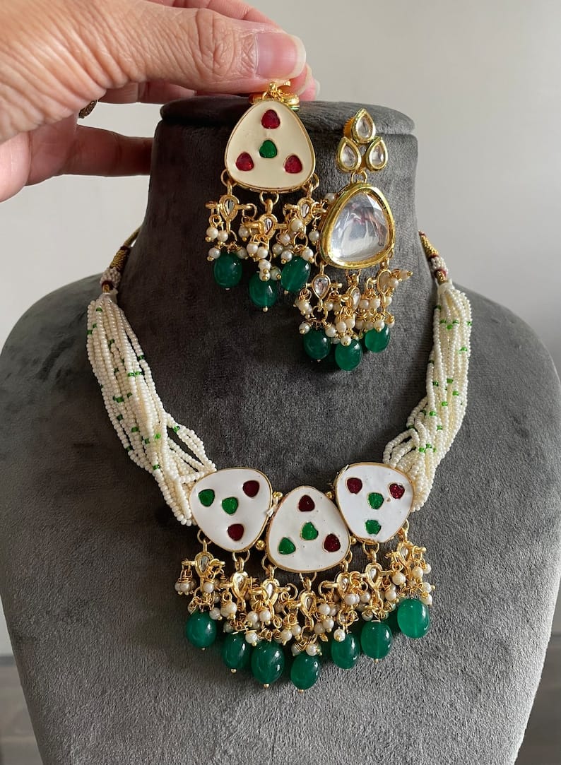 Green Premium quality gold plated silver foiled Kundan necklace - Image 2