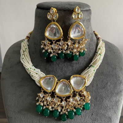 Green Premium quality gold plated silver foiled Kundan necklace