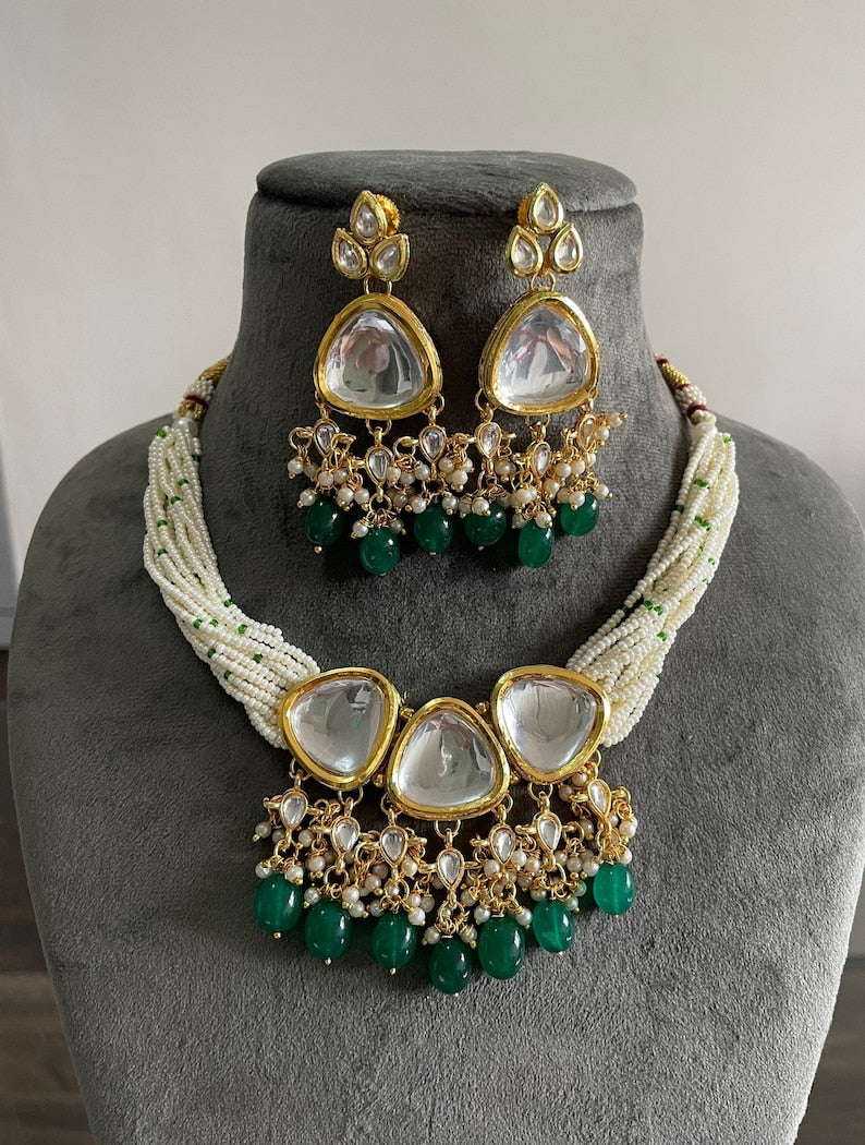 Green Premium quality gold plated silver foiled Kundan necklace